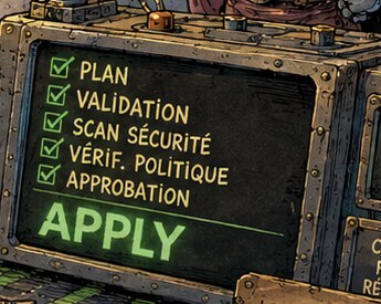 Console affichant plan, validation, scan sécurité, vérification politique, approbation, puis apply