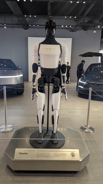 Un robot Tesla Optimus immobile sur un socle, derrière un cordon, dans un showroom Tesla