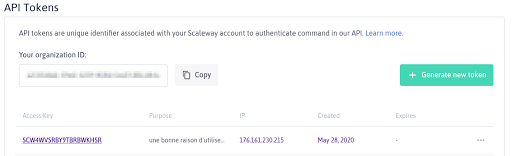 Liste des jetons d&rsquo;API Scaleway, avec le jeton fraîchement créé
