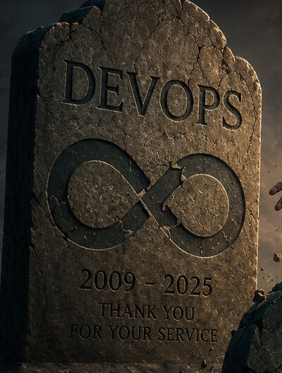 Pierre tombale gravée DEVOPS, 2009-2025, merci pour vos services, avec un symbole infini fissuré